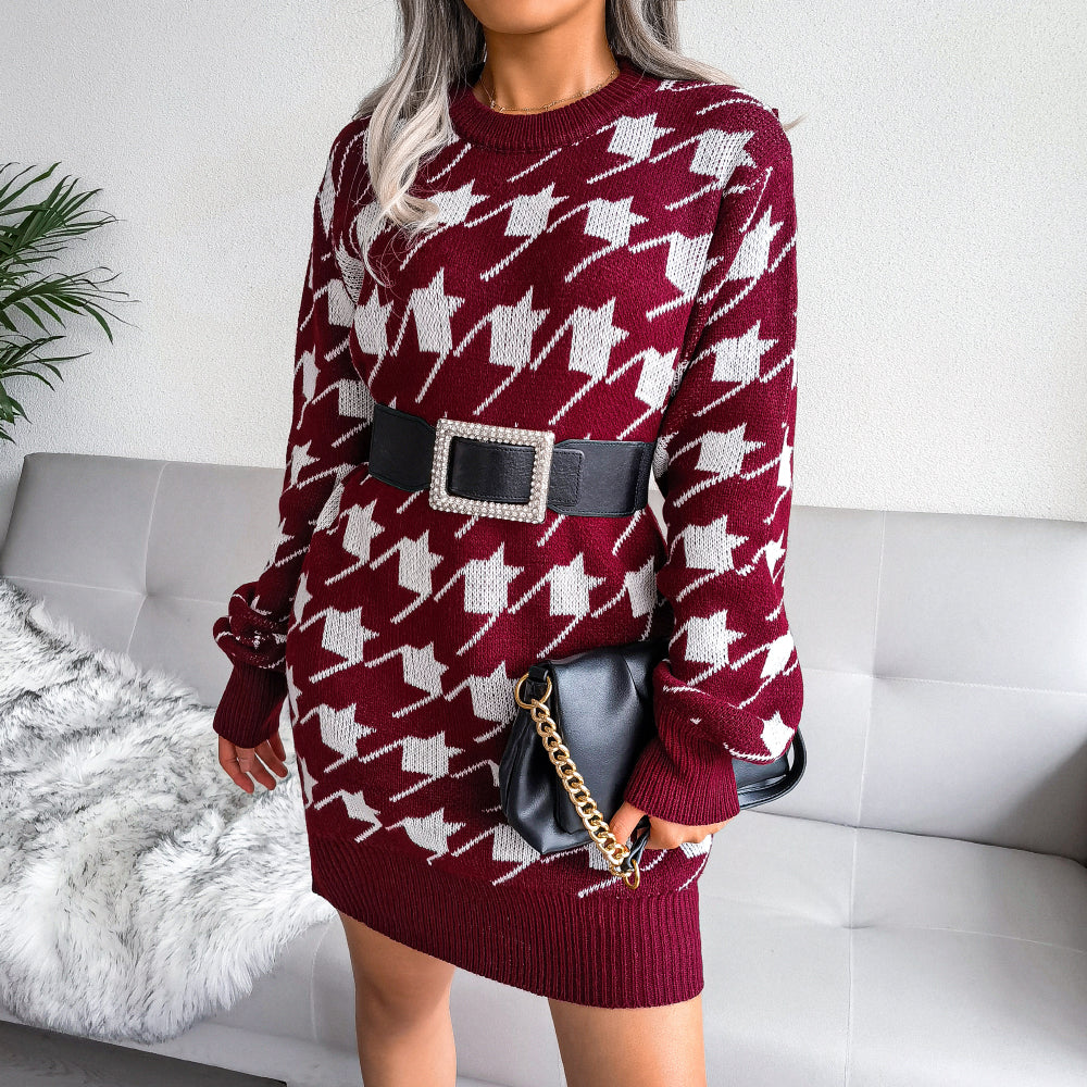 Hoodstooth Crewneck Sweater Dress（Belt Not Included)