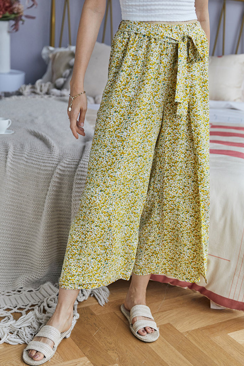 Dainty Floral Tie Waist Wide Leg Pants