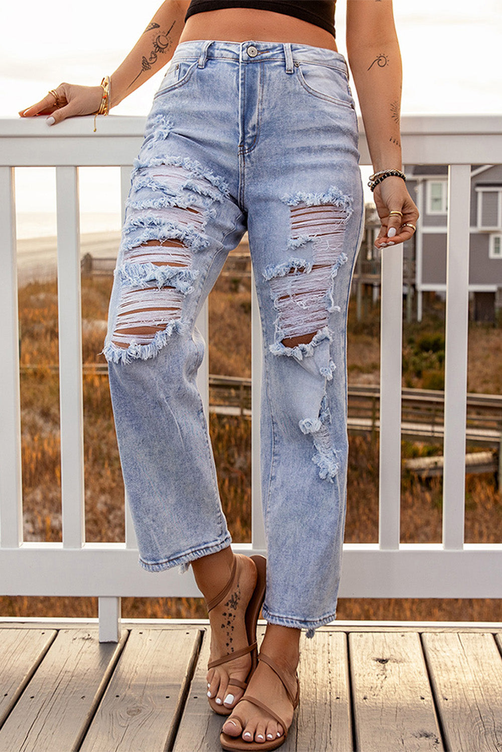 Distressed Acid Wash Straight Leg Jeans