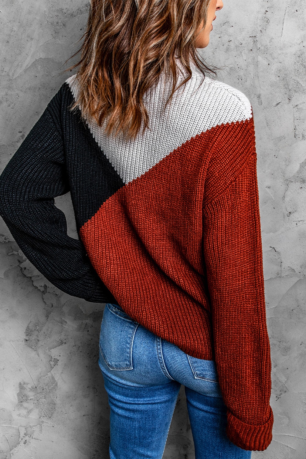 Tricolor Color Block Turtleneck Sweater