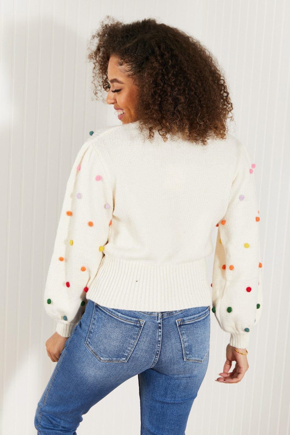 Davi & Dani Pop of Color Full Size Rainbow Pom Pom Sweater