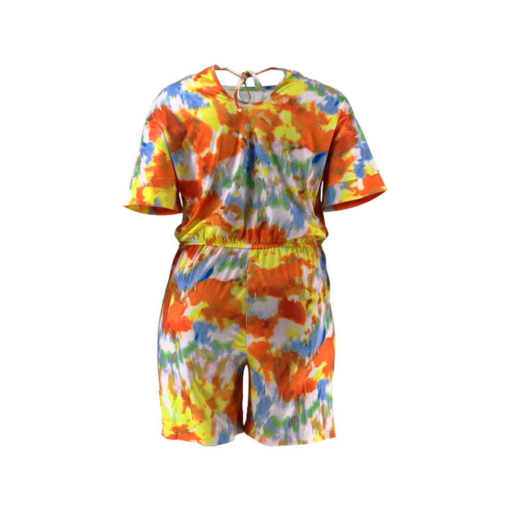 Full Size Tie-Dye Round Neck Romper with Pockets