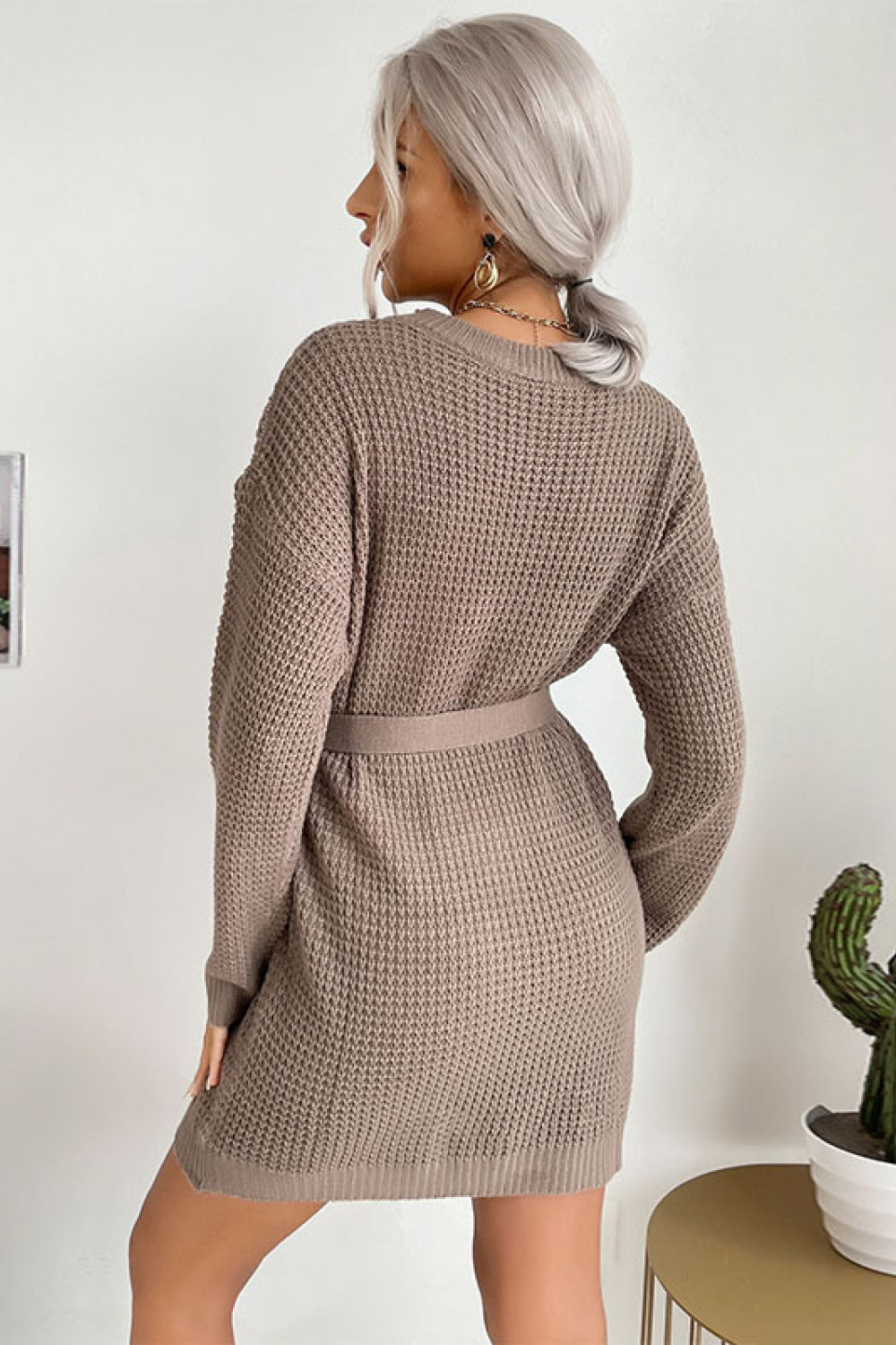 Tie Waist Waffle Knit Sweater Dress