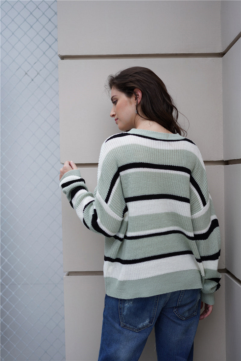 Striped Rib-Knit Round Neck Long Sleeve Sweater