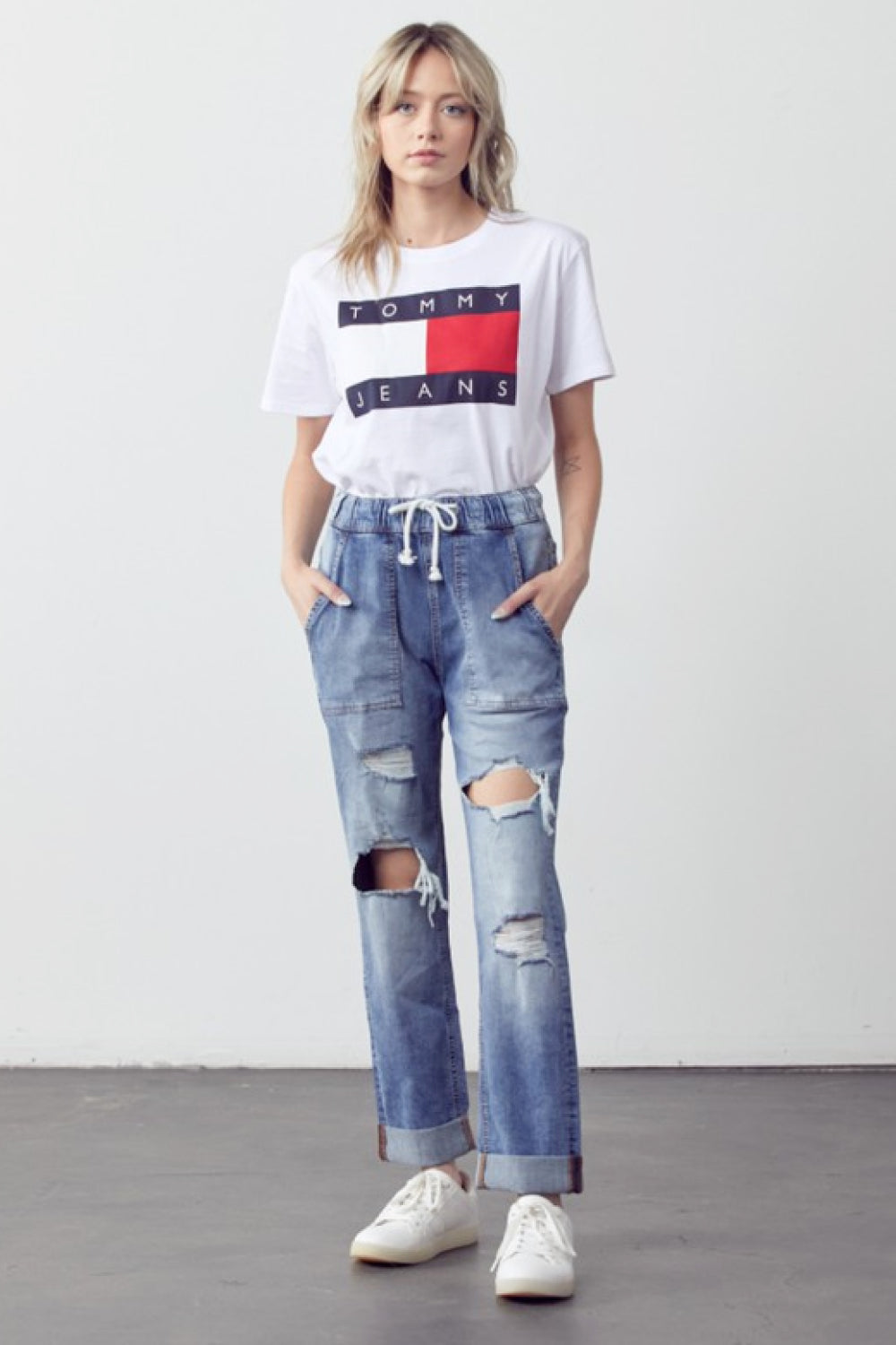 Muselooks Drawstring Waist Distressed Cuffed Jeans