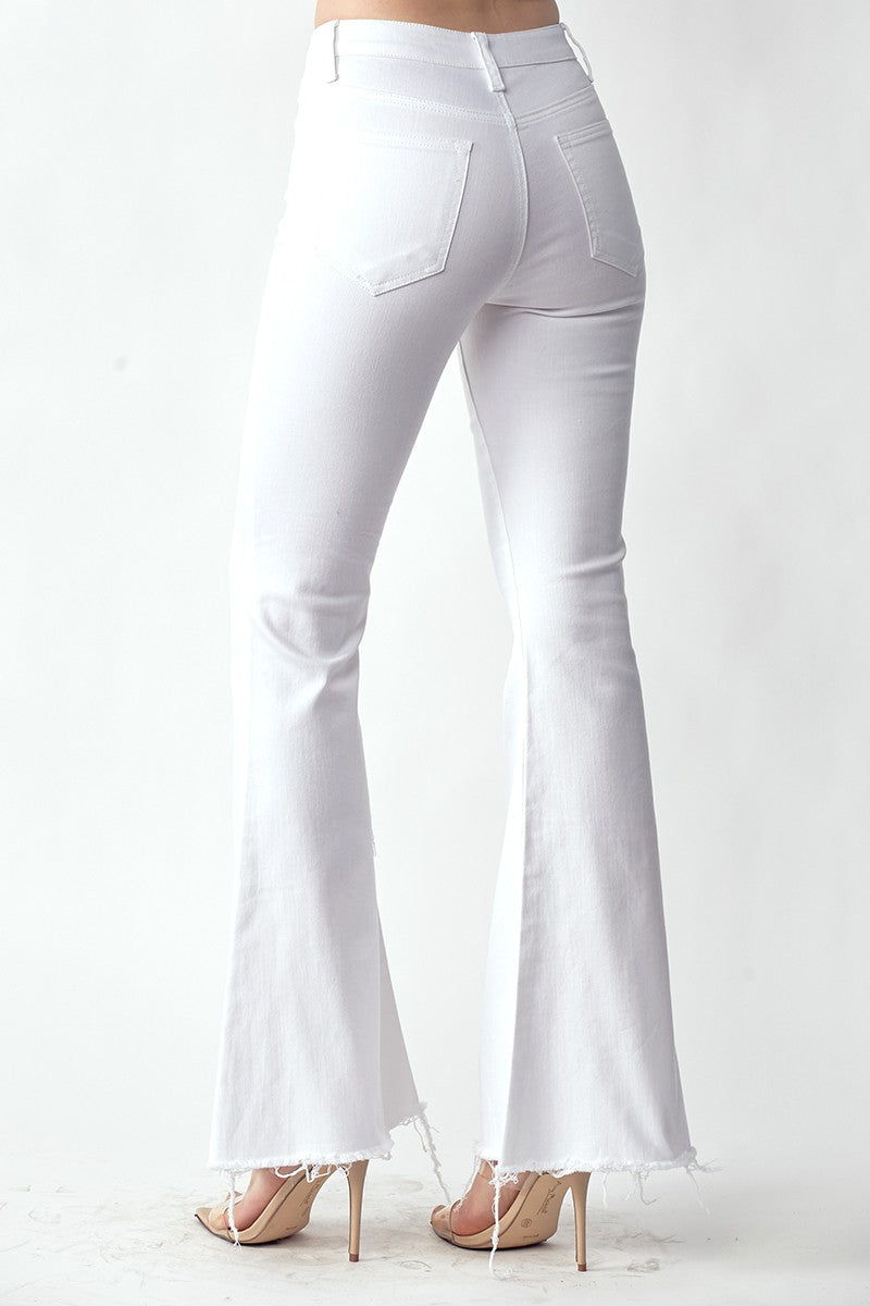 RISEN Mid-Rise Raw Hem Flare Jeans in White