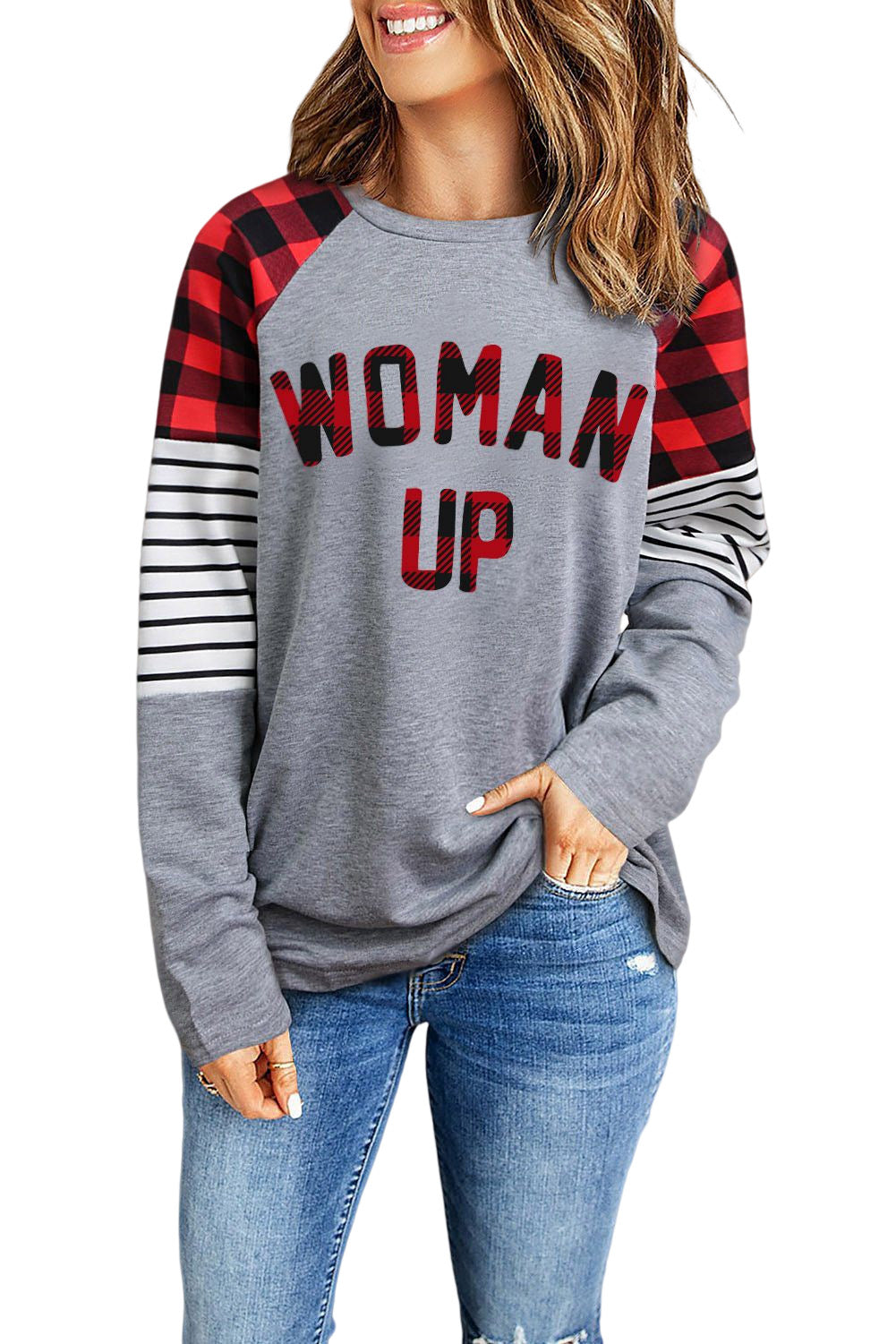 WOMAN UP Plaid Striped Raglan Sleeve Top