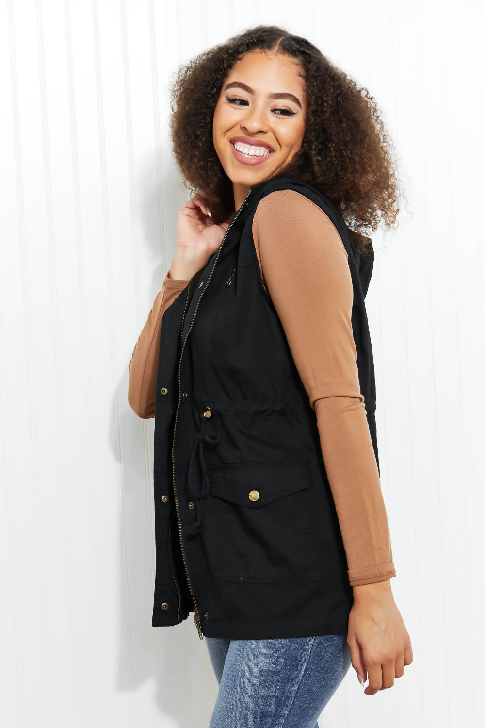 Zenana Autumn Vibes Full Size Hooded Vest in Black