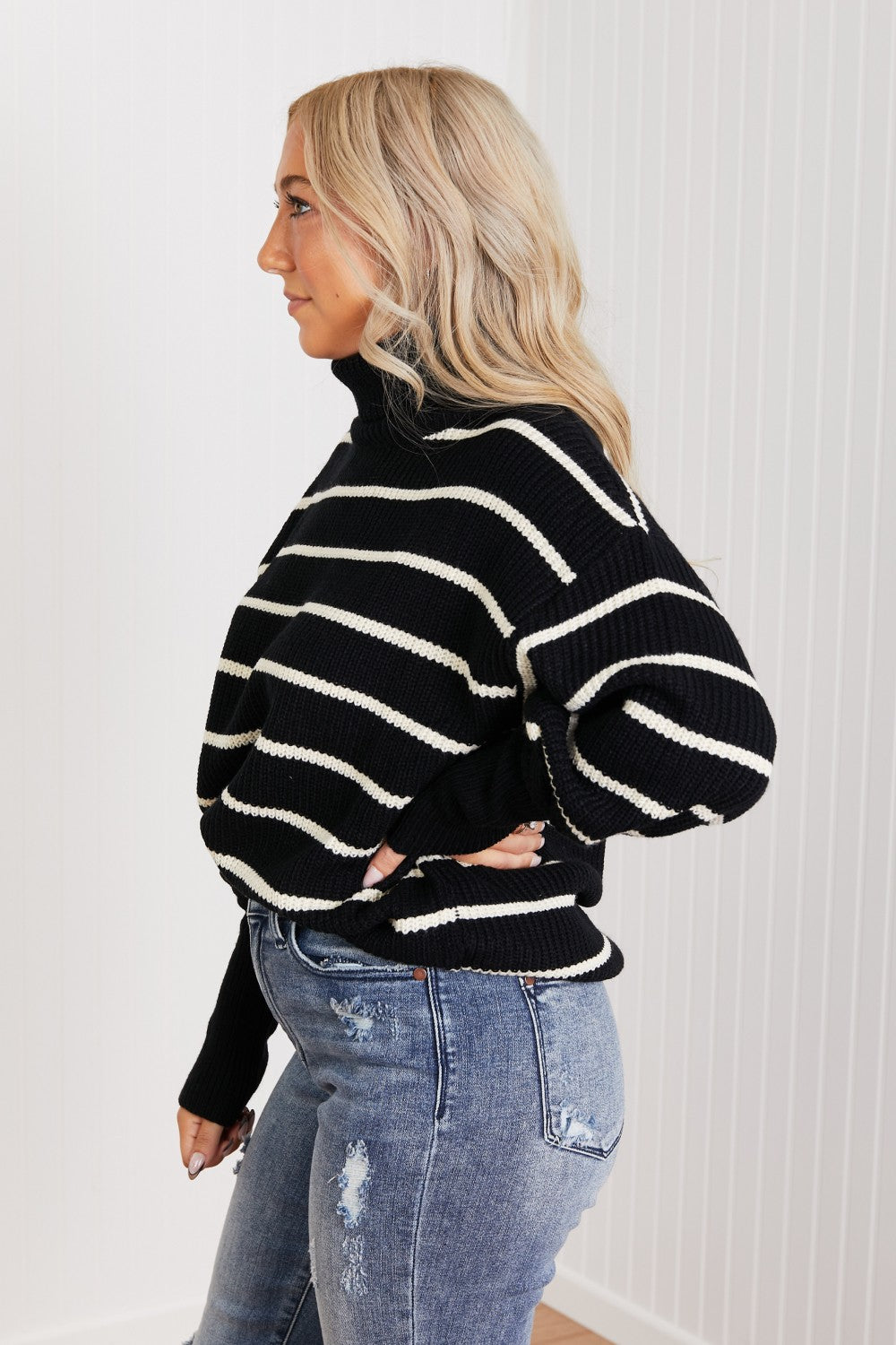 CY Fashion No Worries Full Size Striped Turtleneck Sweater