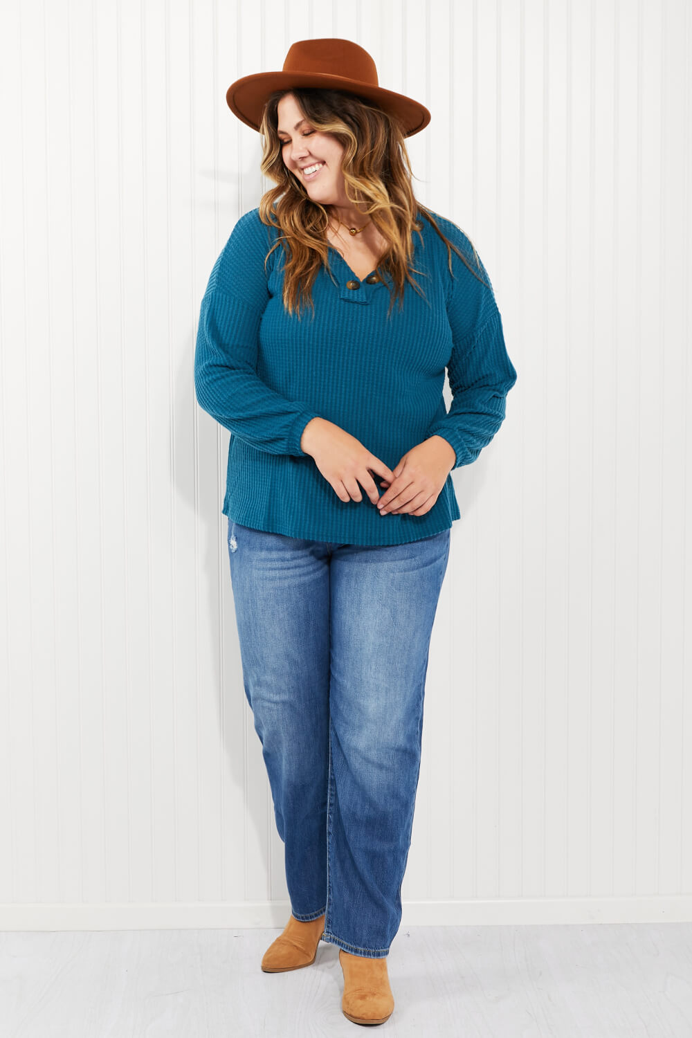 Zenana Full Size Brushed Waffle Knit Henley in Teal