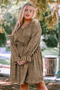 Plus Size Animal Print Long Flounce Sleeve Dress