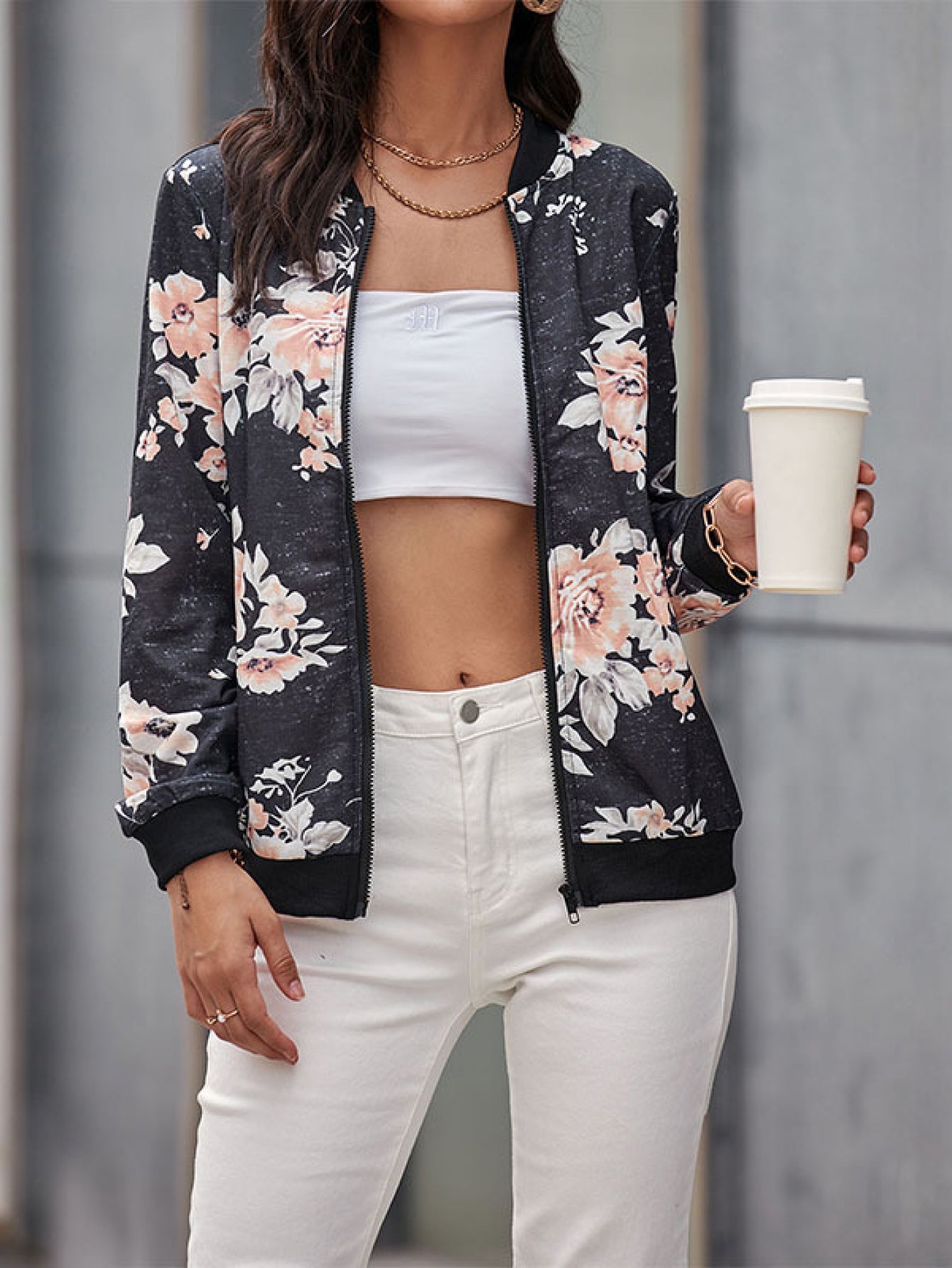 Floral Zip Up Bomber Jacket