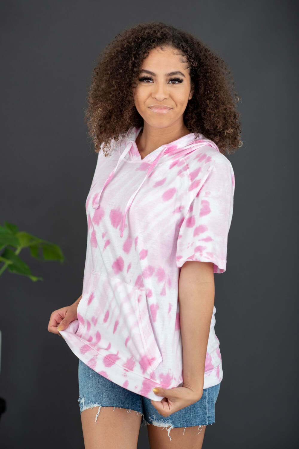 Sew In Love Watching Clouds Full Size Run Tie-Dye Short-Sleeved Hoodie in Neon Pink