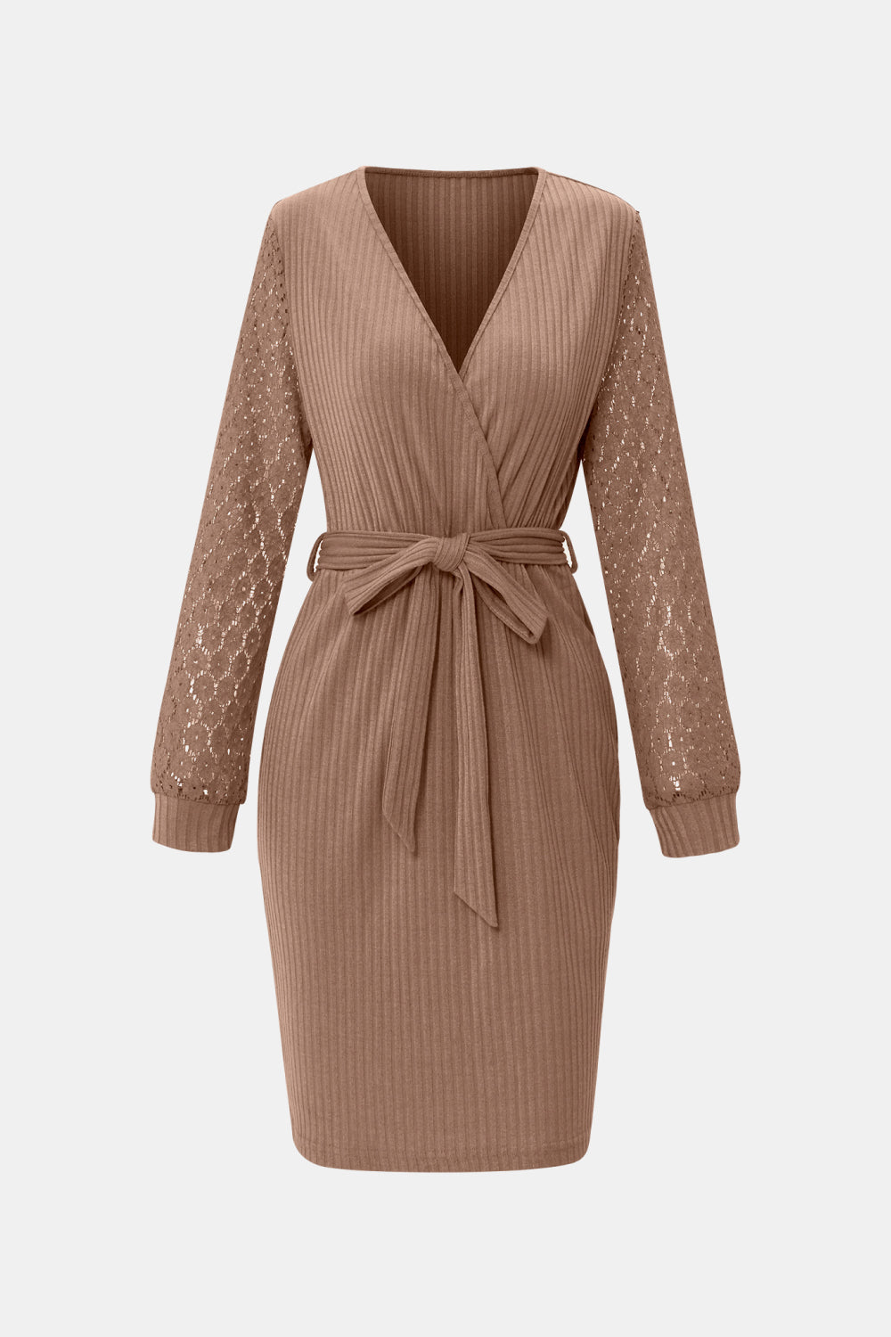 Belted Lace Sleeve Ribbed Surplice Dress