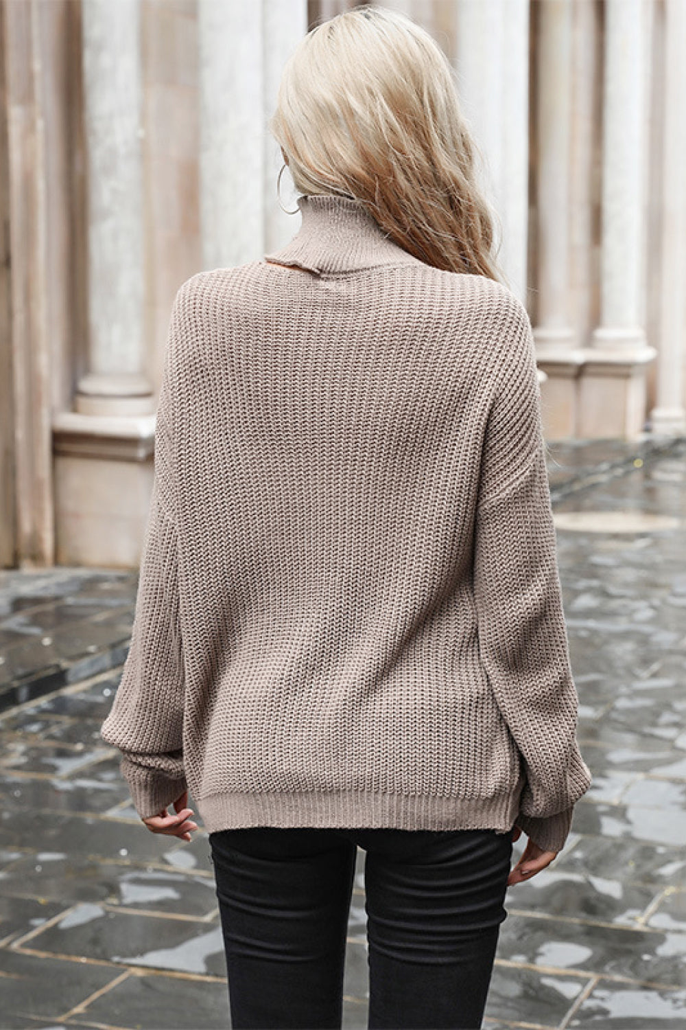 Cable Knit Cutout Detail Turtleneck Chunky Sweater