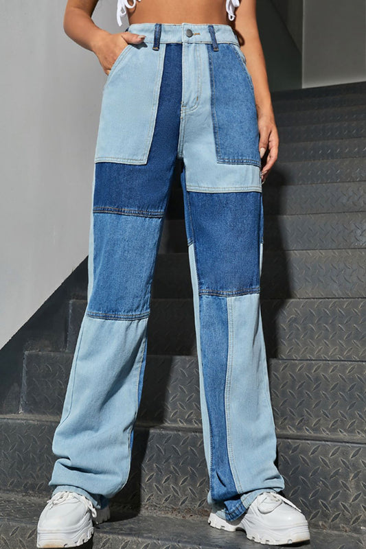 Color Block High Waist Straight Leg Jeans