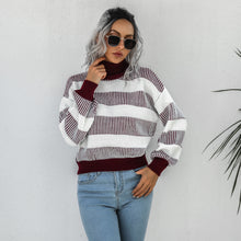 Load image into Gallery viewer, Striped Ribbed Trim Lantern Sleeve Turtleneck Sweater
