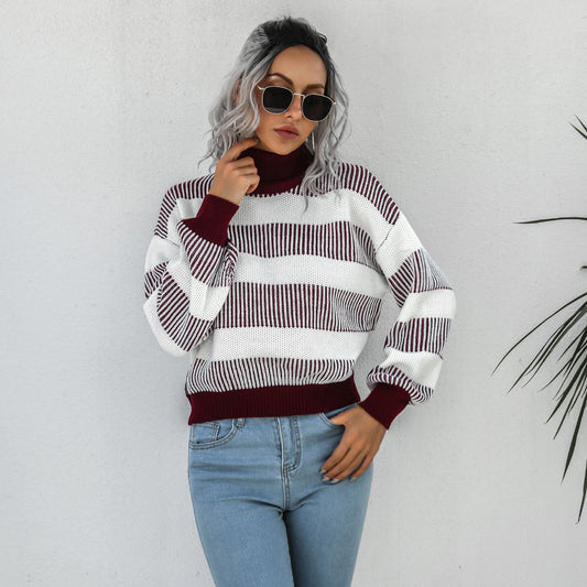 Striped Ribbed Trim Lantern Sleeve Turtleneck Sweater