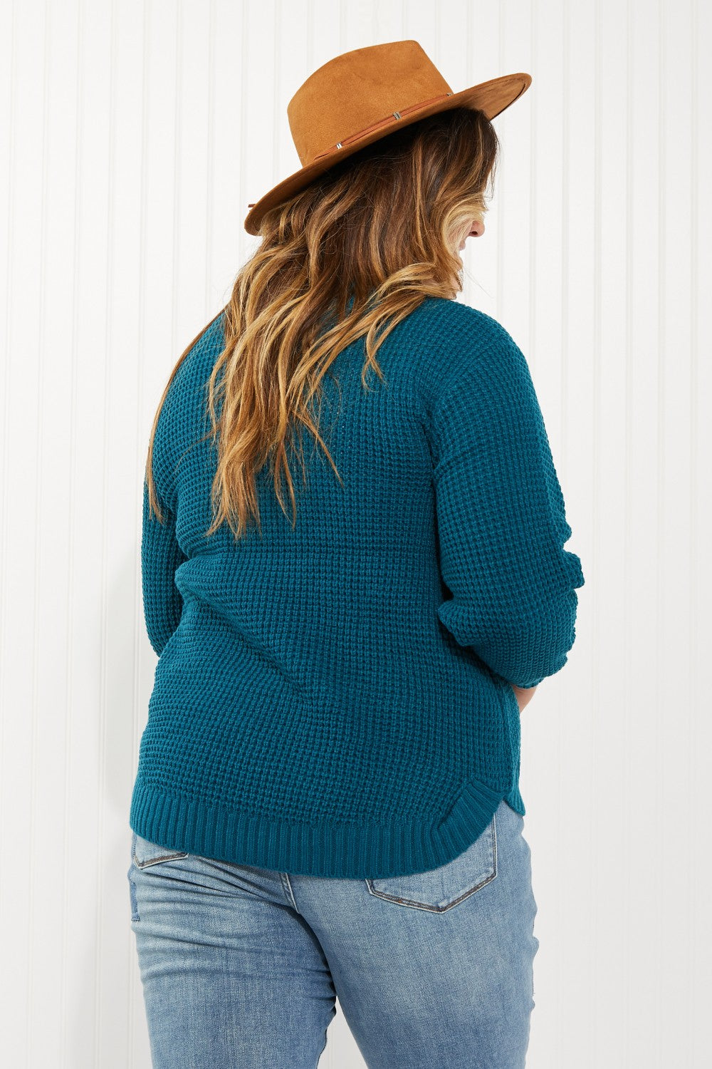 Zenana Autumn is Calling Full Size Waffle Knit Sweater in Teal