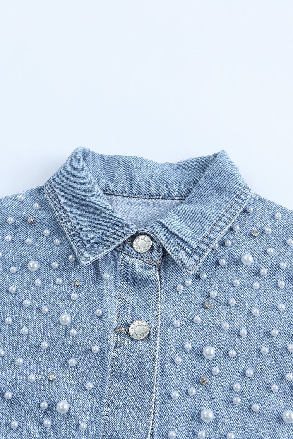 Pearl Detail Frayed Hem Denim Jacket