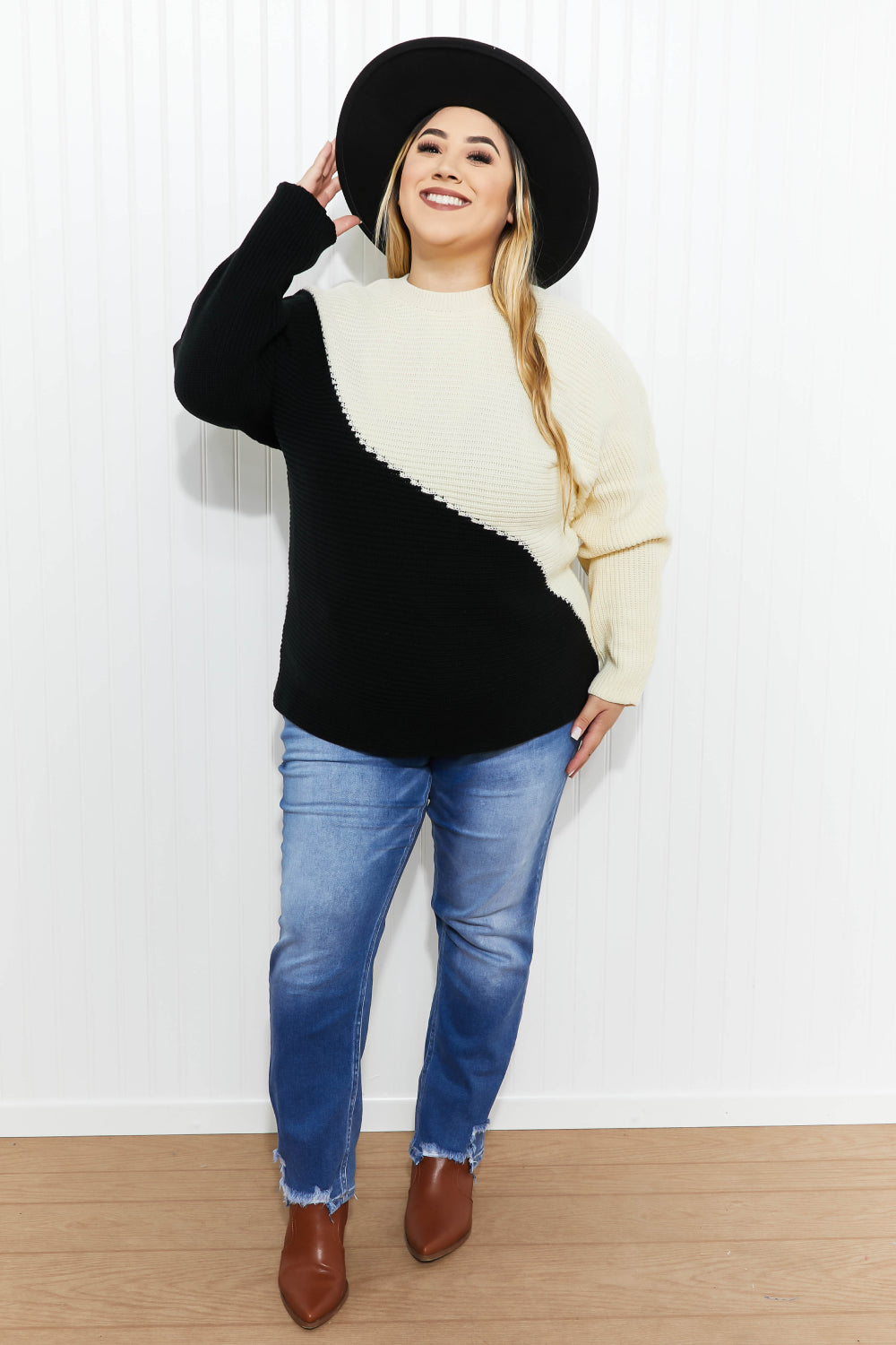 CY Fashion Half-and-Half Full Size Color Block Sweater