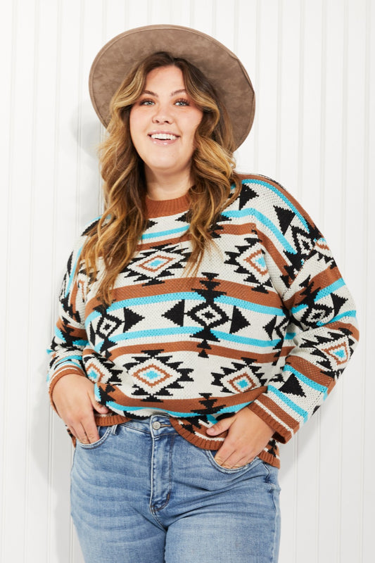 Andree by Unit Southwestern Sunset Full Size Geometric Mock Neck Sweater