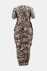 Plus Size Leopard Print Pleated Detail Midi Dress