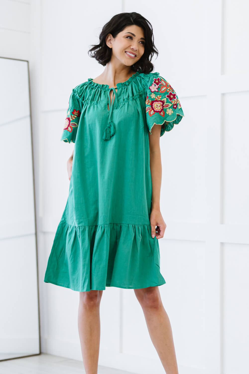 Davi & Dani Flowers for You Full Size Embroidered Dress in Green