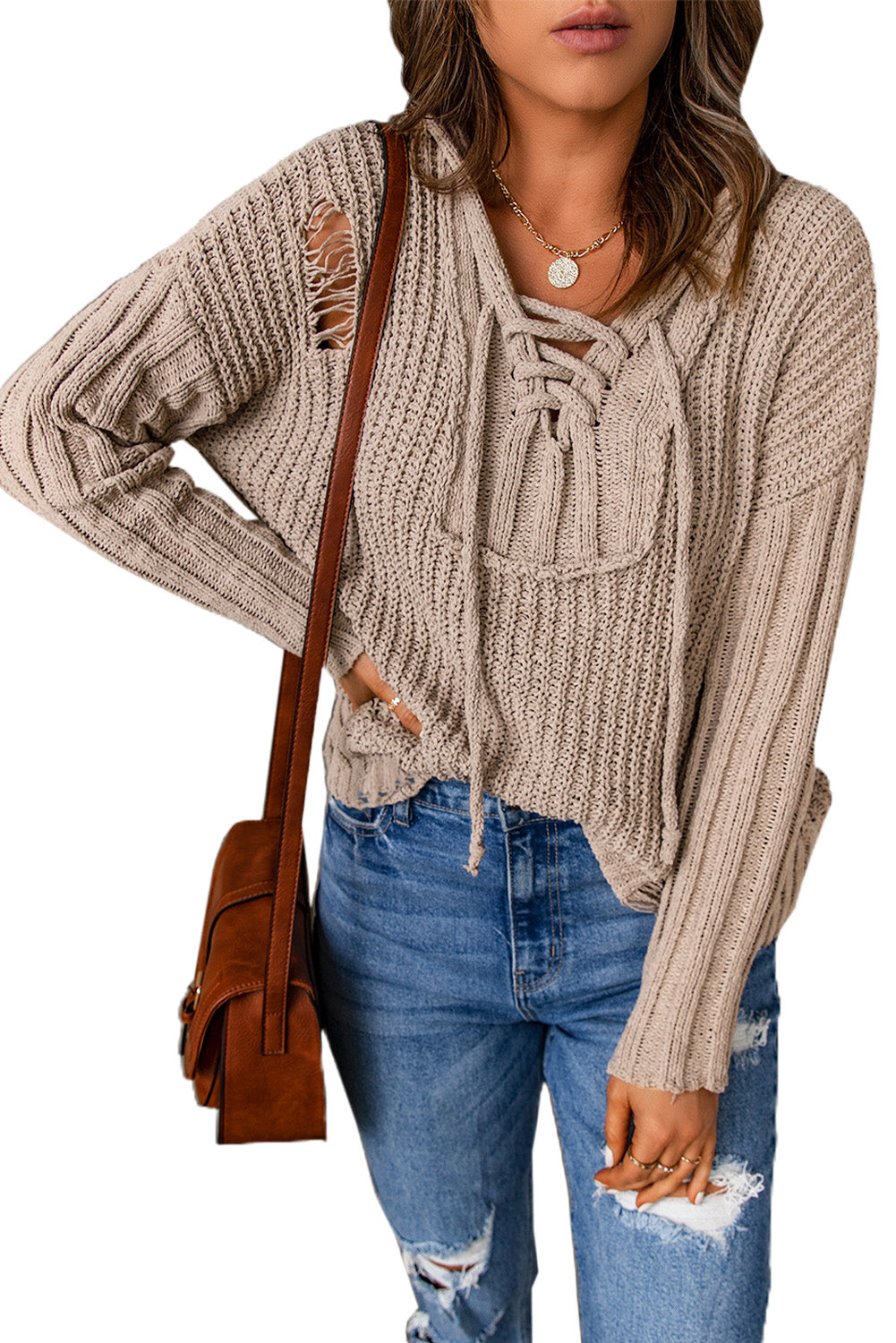 Rib-Knit Distressed Hooded Sweater