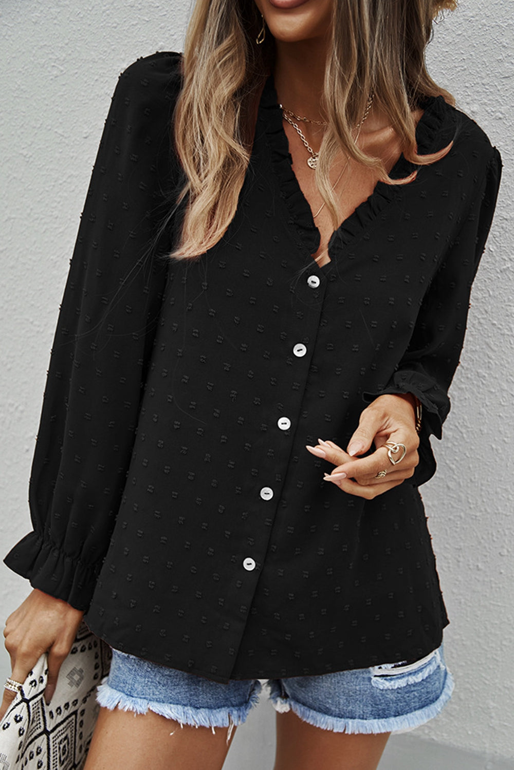 Swiss Dot Frill Trim Shirt