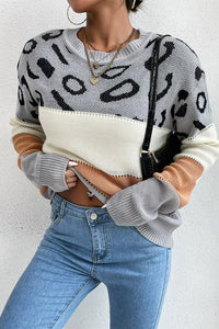 Leopard Color Block Round Neck Sweater