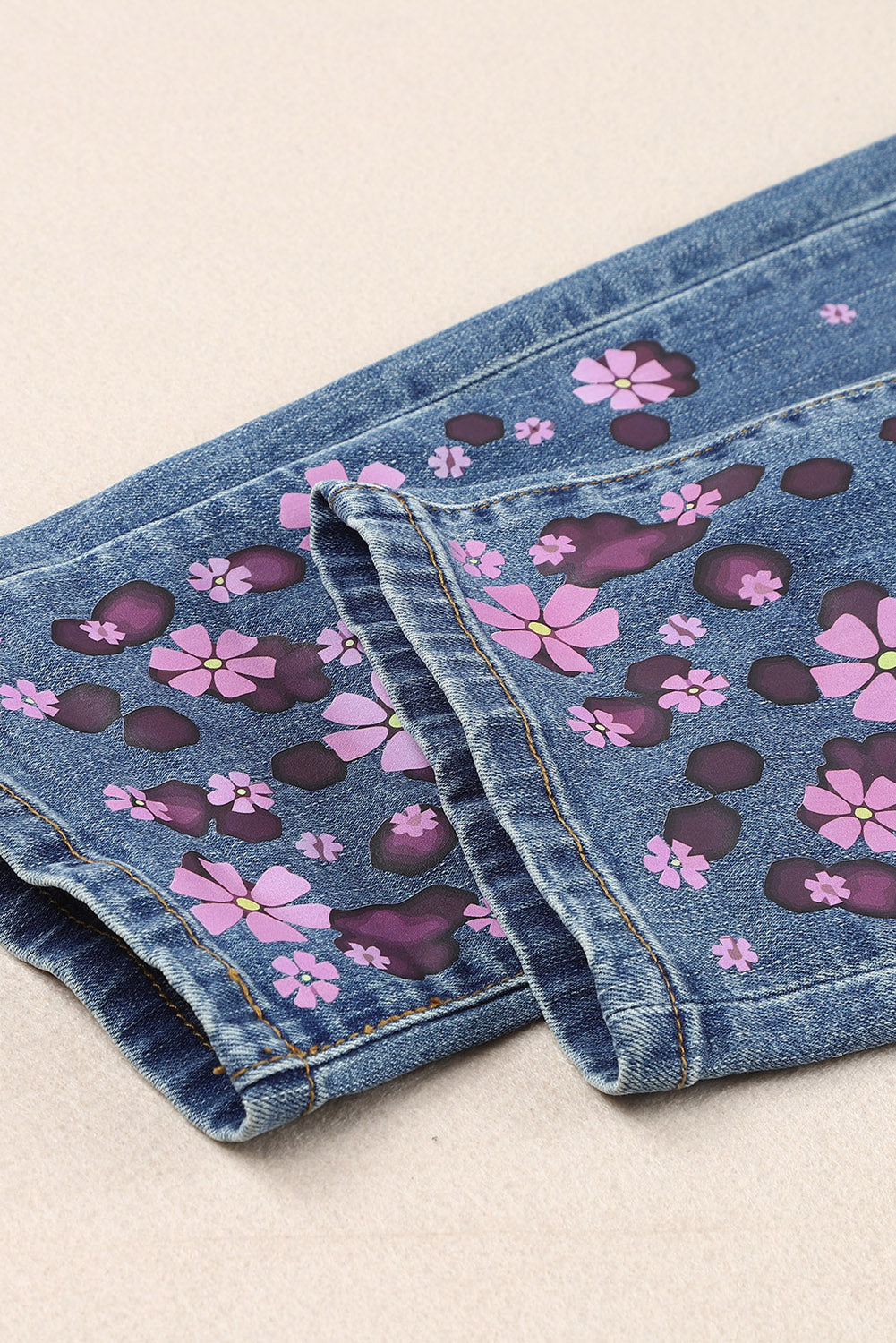 Floral Graphic Patchwork Distressed Jeans with Pockets