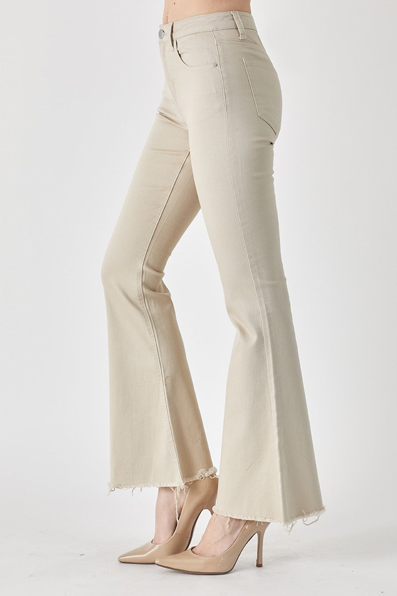 RISEN Mid-Rise Raw Hem Flare Jeans in Khaki