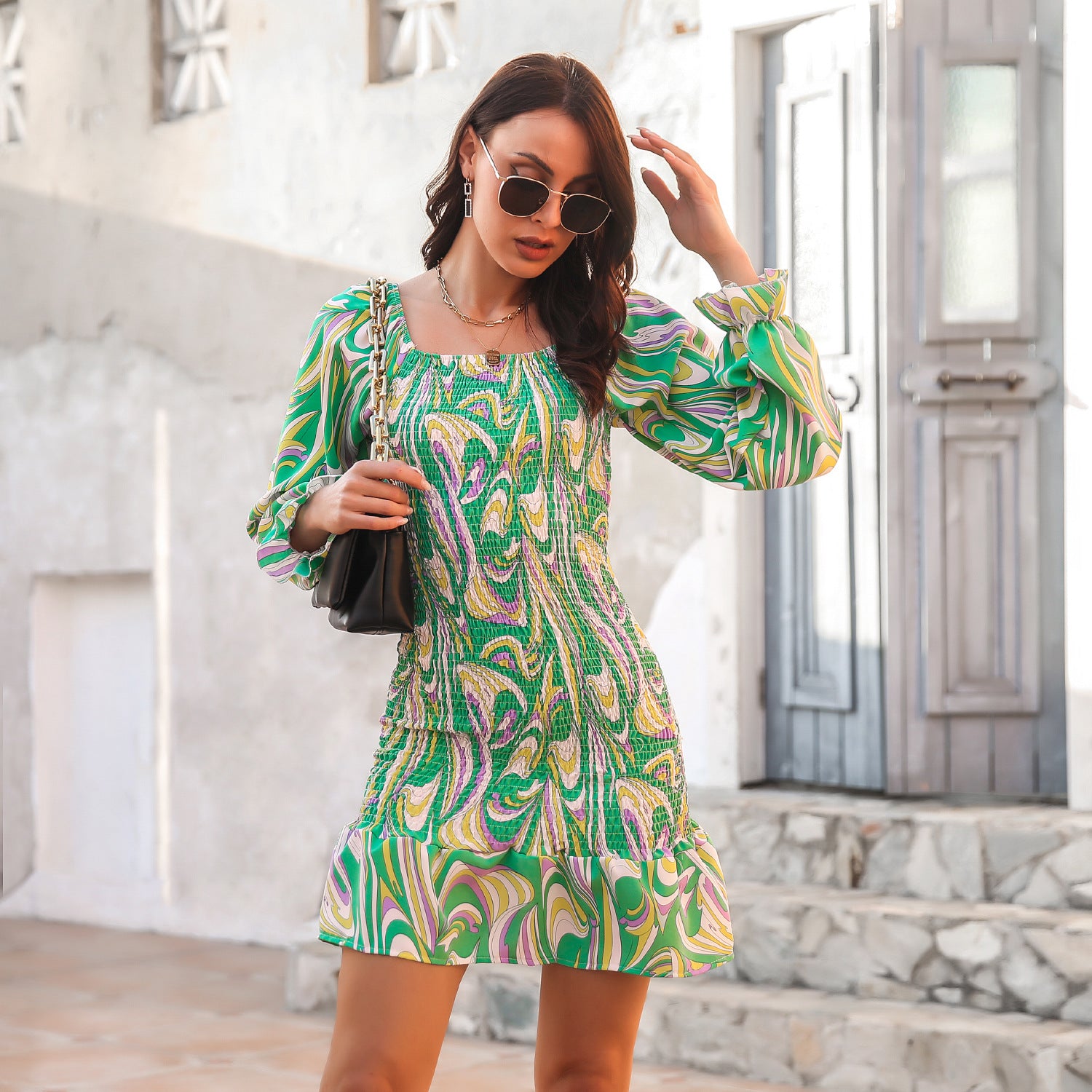 Abstract Print Ruffled Hem Smocked Mini Dress