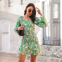 Load image into Gallery viewer, Abstract Print Ruffled Hem Smocked Mini Dress
