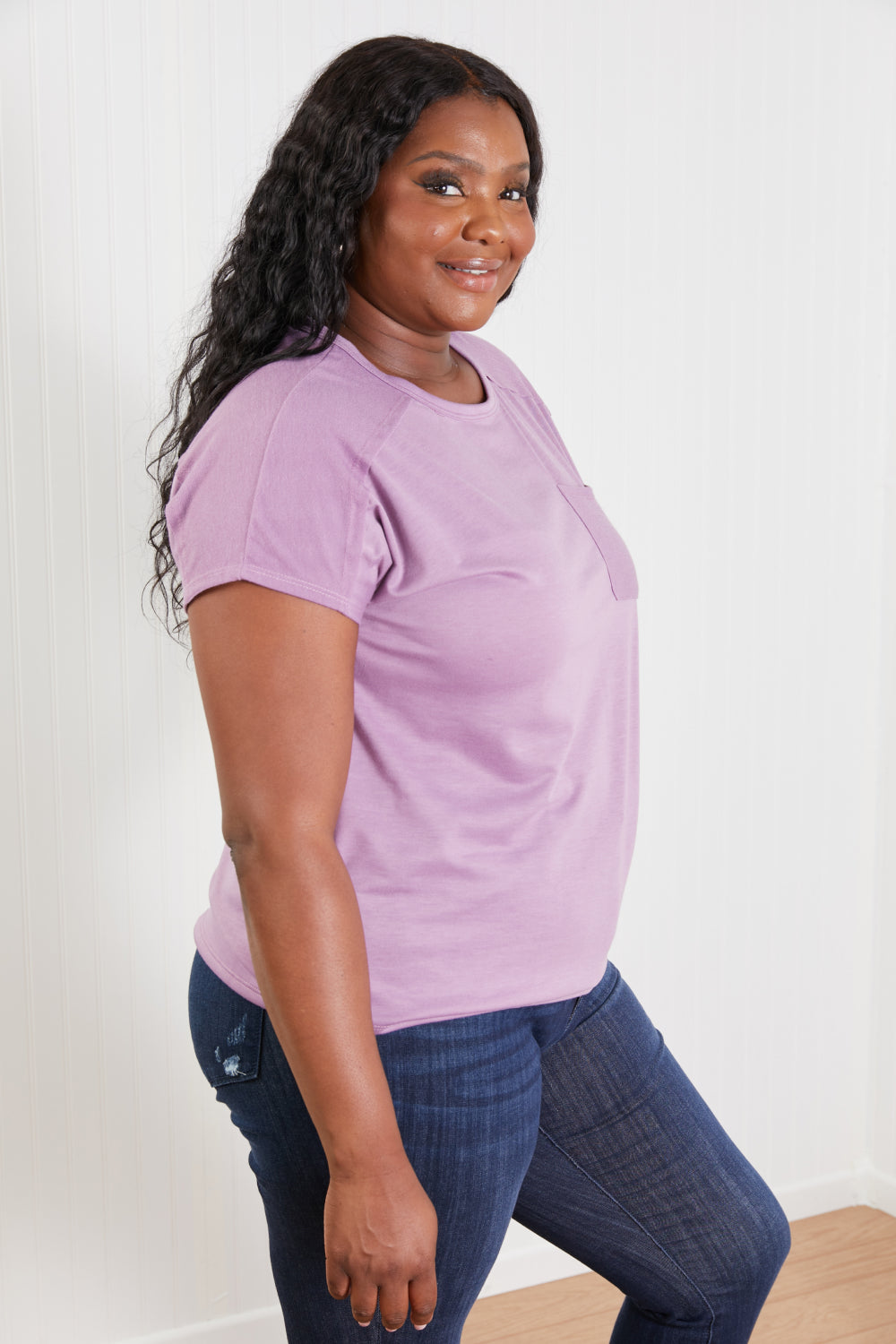 Sew In Love Stay and Chat Love Full Size Pocket Tee in Plum