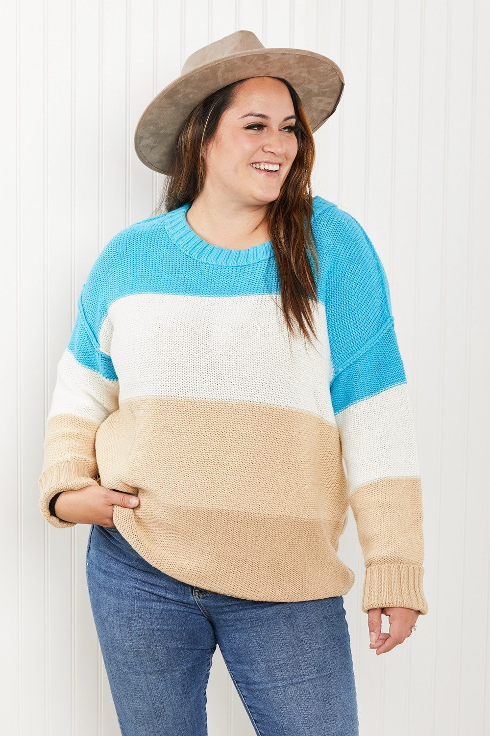 Sew In Love Full Size Color Block Exposed Seam Sweater