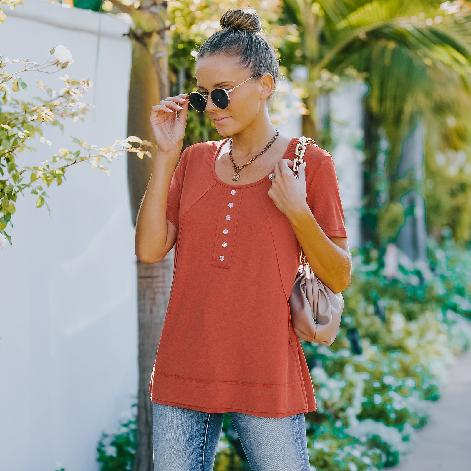 Button Detail Short Sleeve Tee