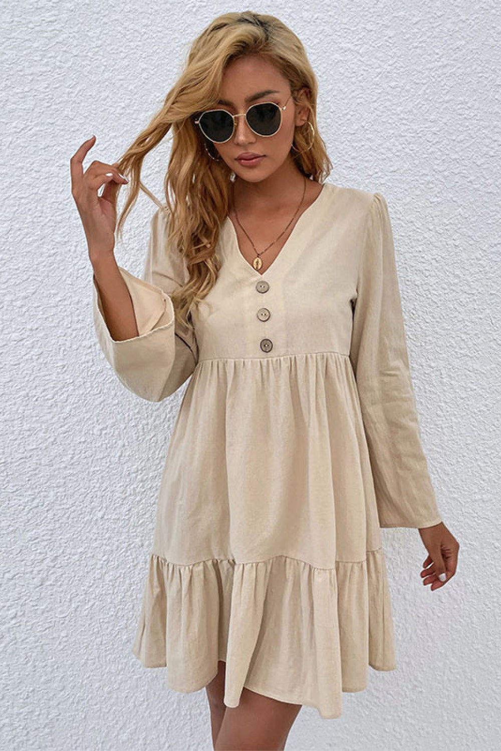 Buttoned Flared Sleeve Tiered Dress