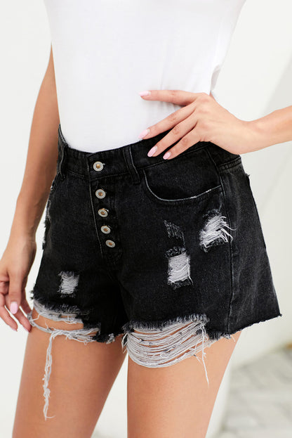 Button Fly Black Denim Shorts