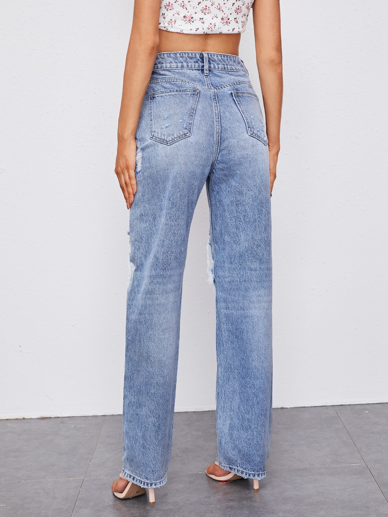 High-Waisted Distressed Straight Leg Jeans with Pockets