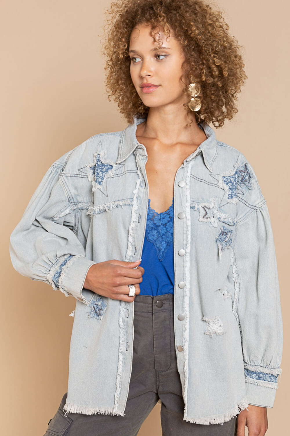 POL Star Patch Distressed Fringe Button-Up Denim Jacket in Light Denim