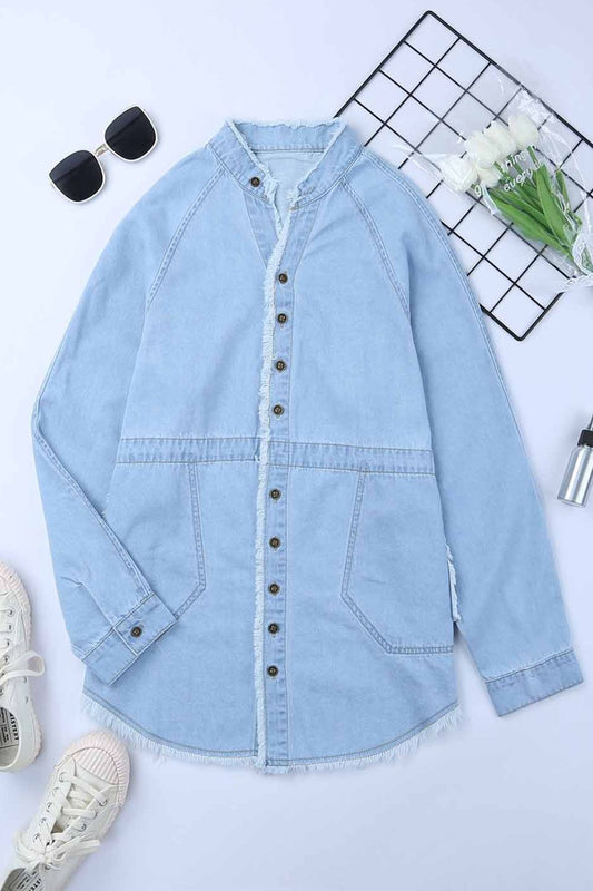 Frayed Trim Button Front Denim Shirt