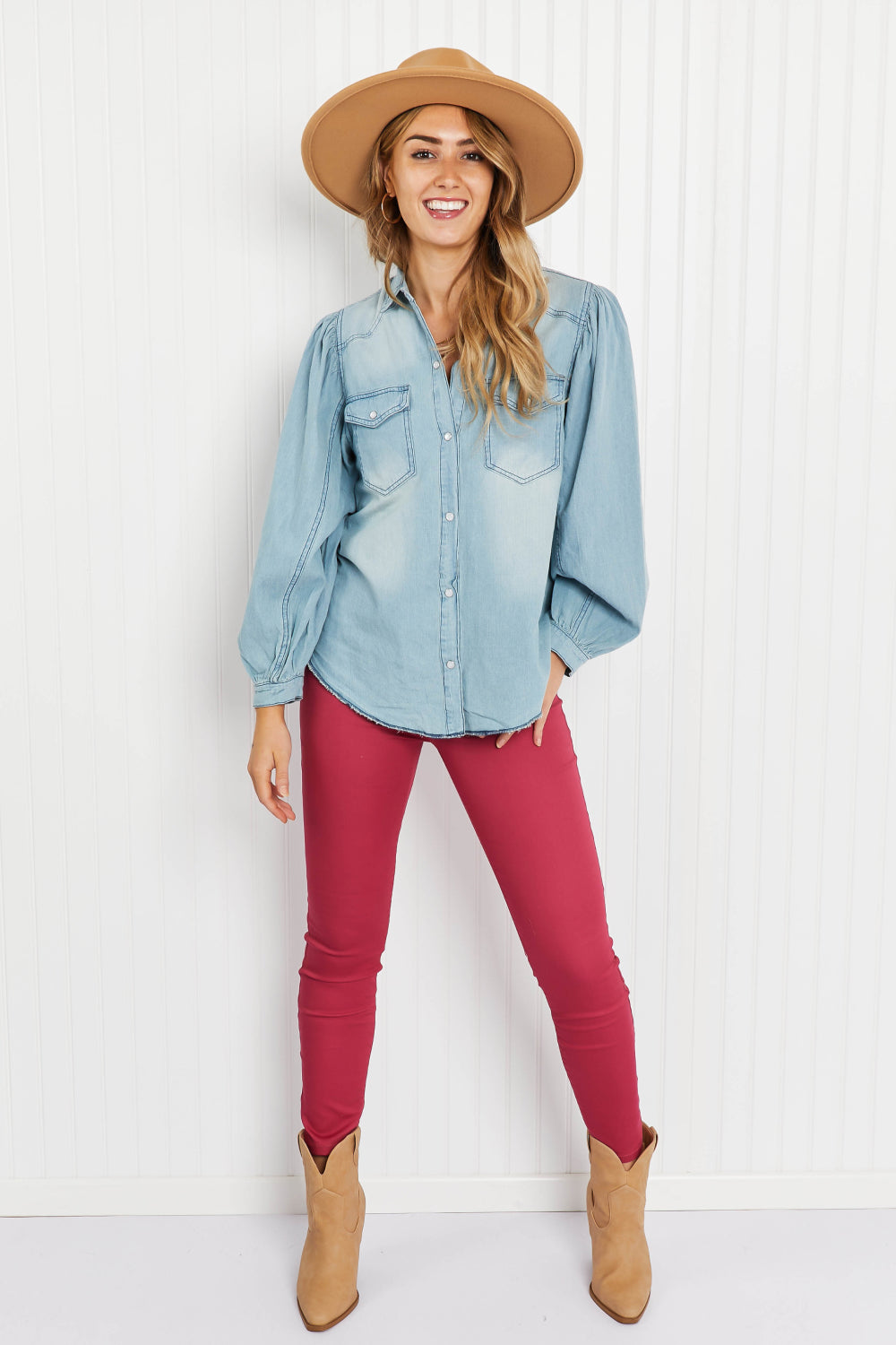 Davi & Dani Sitting Fireside Full Size Button Down Denim Shirt