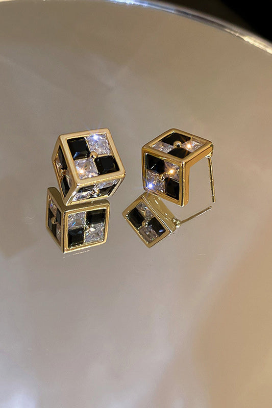 Checkered Rhinestone Cube Stud Earrings