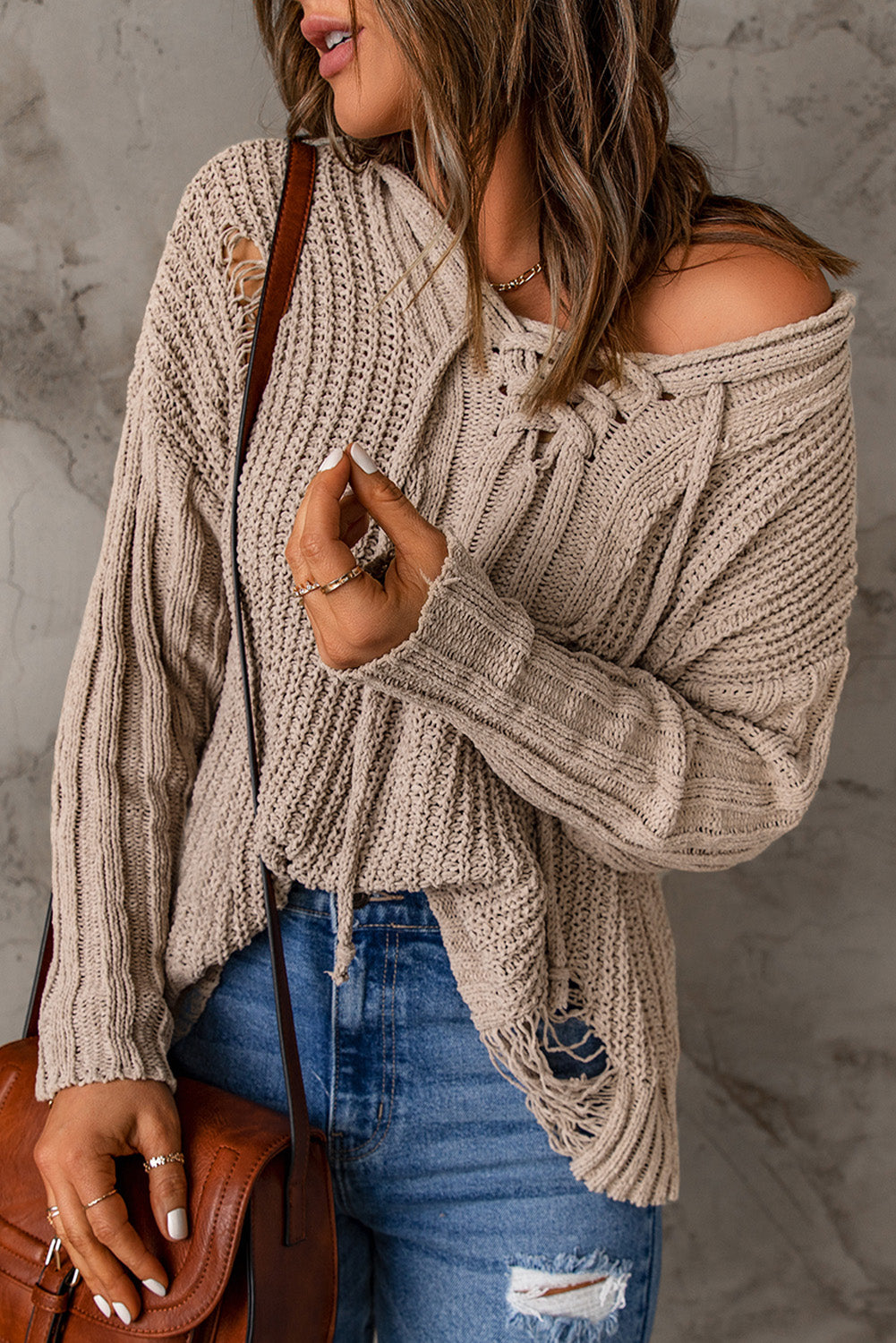 Rib-Knit Distressed Hooded Sweater