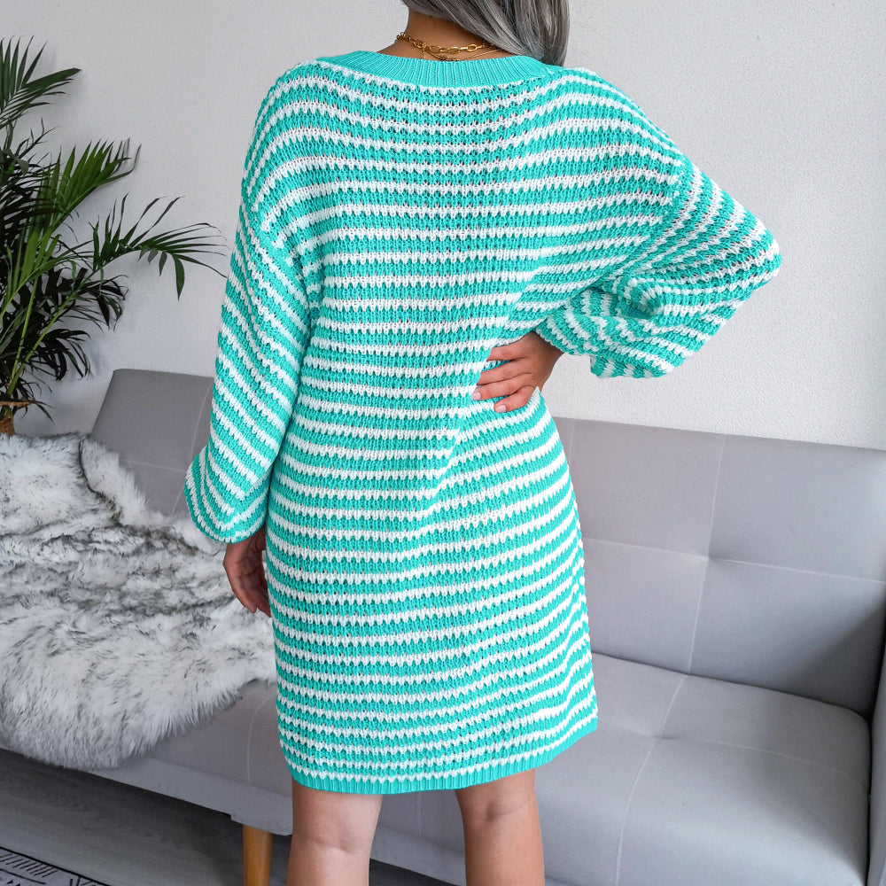 Striped Lantern Sleeve Mini Sweater Dress