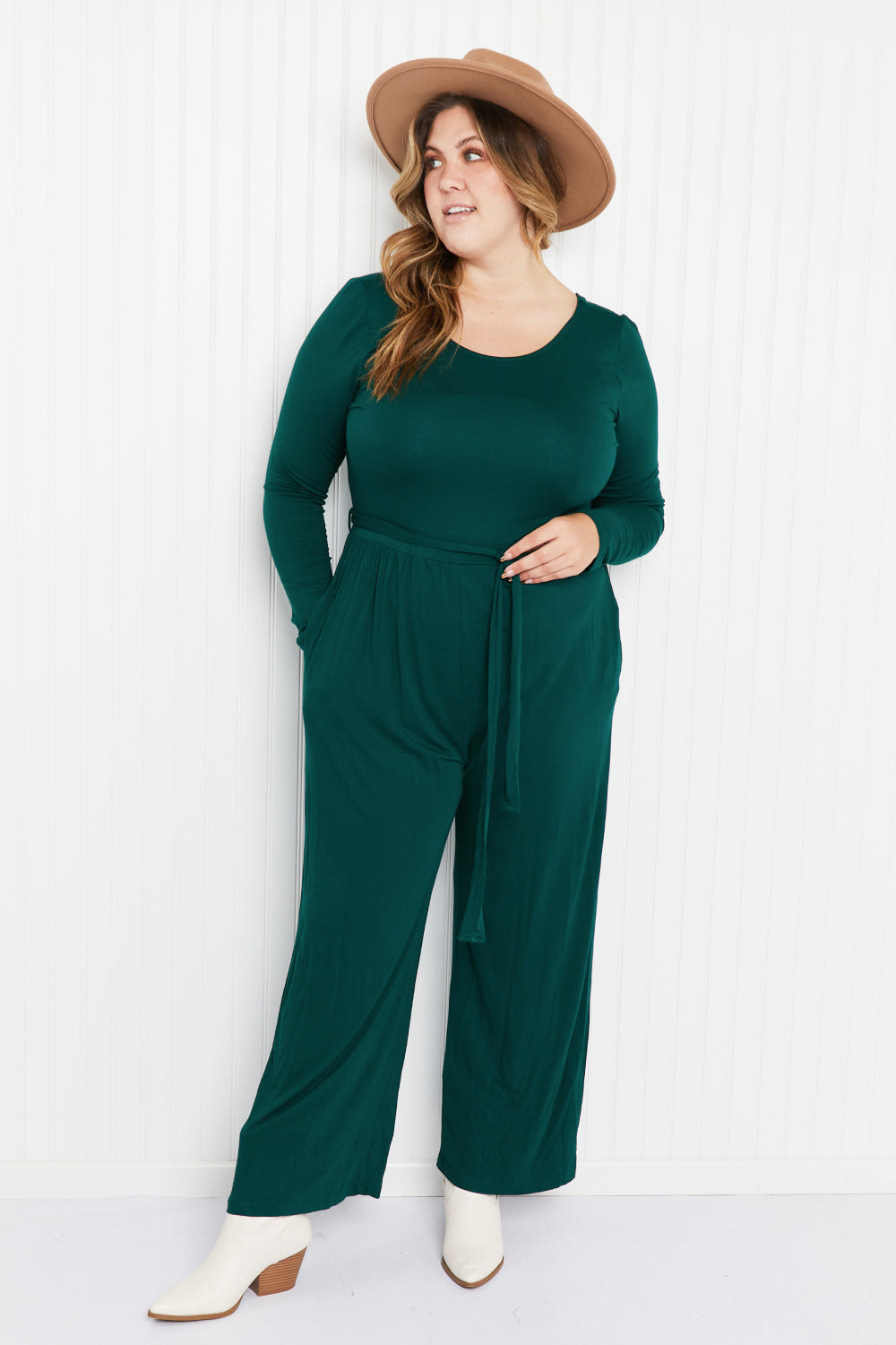 White Birch Lost in Your Eyes Full Size Wide-Leg Jumpsuit in Hunter Green