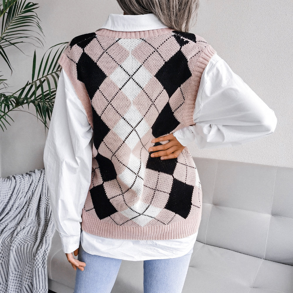 Argyle Ribbed Trim Sweater Vest