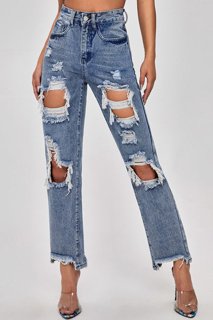 Frayed Hem Distressed Straight Leg Jeans